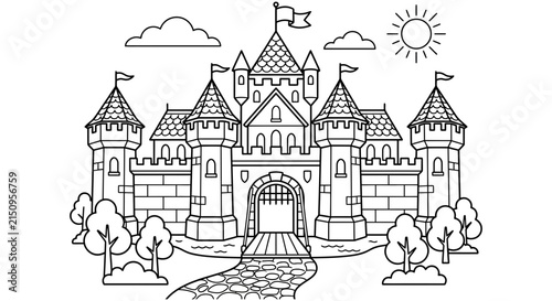 Detailed castle illustration with towers flags and surrounding landscape black silhouette