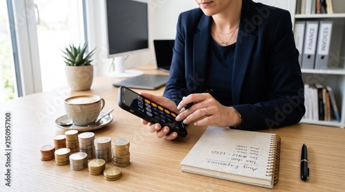 Professional woman calculating business expenses on smartphone, managing budget and tax payments at office desk with coins and notebook, financial planning for small business