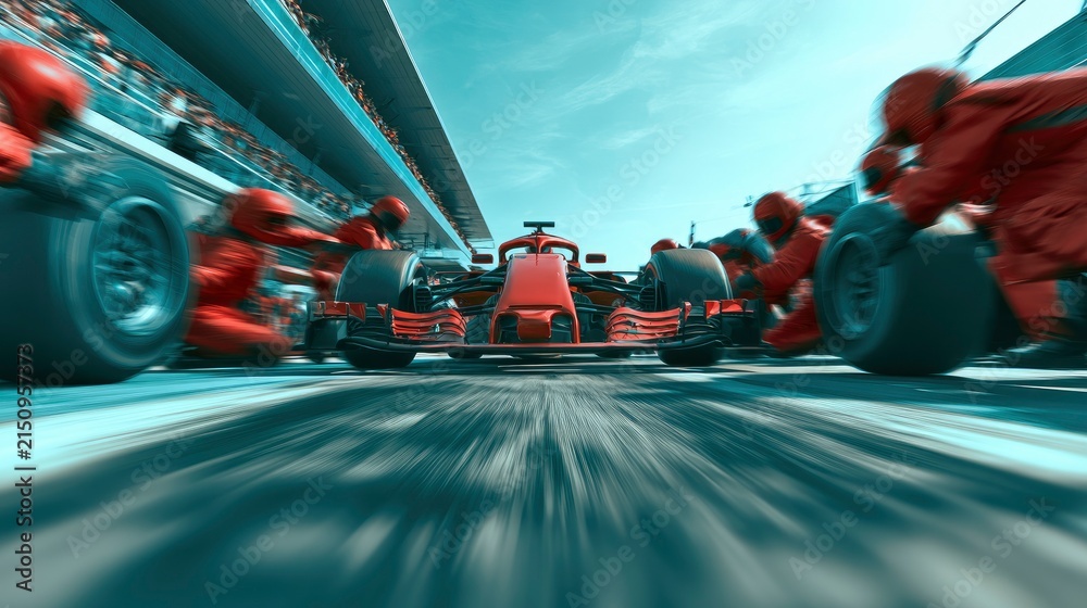 Fototapeta premium High-Speed Formula One Car in Pit Lane with Support Teams and Mechanics