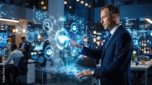 Man interacting with futuristic holographic business network interface, data sync handshake icon glowing, corporate partnership collaboration analytics dashboard in high tech