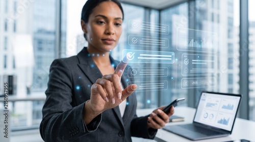 Professional woman interacting with virtual touchscreen checklist and analytics dashboard in high rise office building environment
