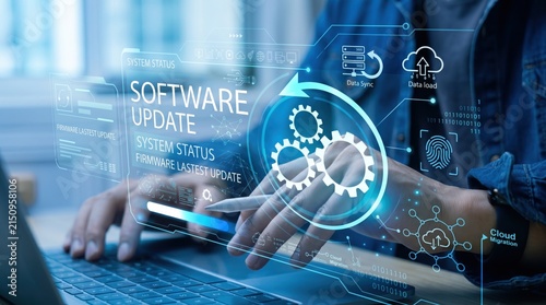 Software update system status interface showing firmware latest version, cloud migration and data sync process, gears turning for maintenance, person using stylus on tablet