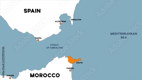 Illustration of a map showing parts of Spain and Morocco with the Strait of Gibraltar between them, depicting the migration crisis in Ceuta.