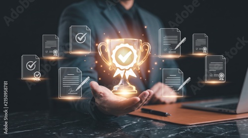Businessman holding glowing trophy cup with documents, success, achievement award, corporate excellence, professional victory, digital interface, business growth, winning strategy