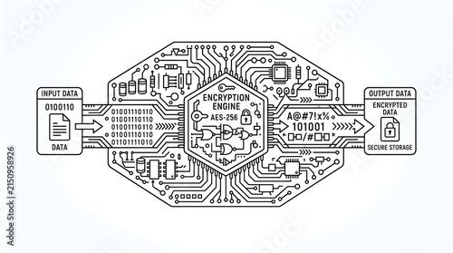 Digital data encryption process flowchart with schematic diagram