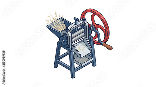 Isometric manual chaff cutter machine processing dry wheat stalks into small pieces