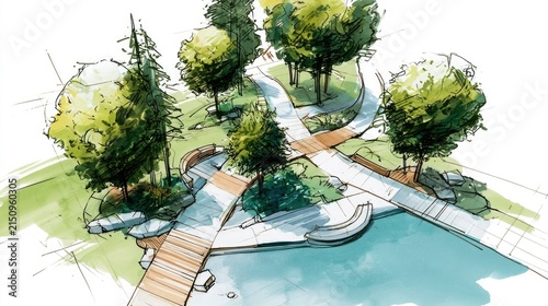 Artistic Illustration of a Park with Walking Paths, Trees, and a Water Feature