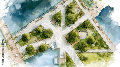 Aerial View of Contemporary Public Park with Water Features, Paths, and Green Spaces