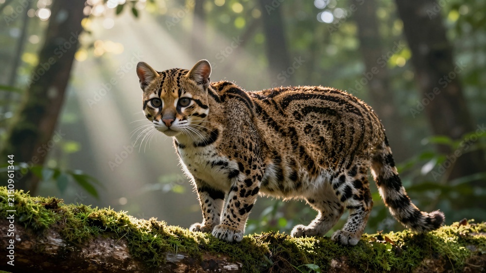Fototapeta premium A wild ocelot prowls gracefully across a mossy log, bathed in golden sunlight filtering through dense jungle foliage.