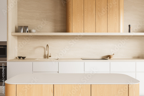 Contemporary beige kitchen interior with oak cabinetry, stone backsplash, minimalist island, open shelving, and elegant architectural design details. 3D Rendering