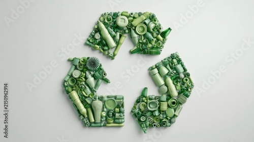 Green Plastic Waste Recycling Symbol Created with Various Plastic Items
