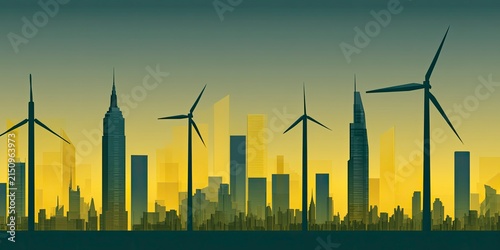 Modern City Skyline with Wind Turbines and Skyscrapers in Green Environment