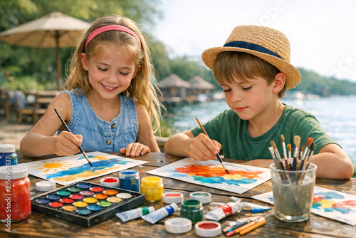 Two children enjoying a painting session at the beach with various art supplies.