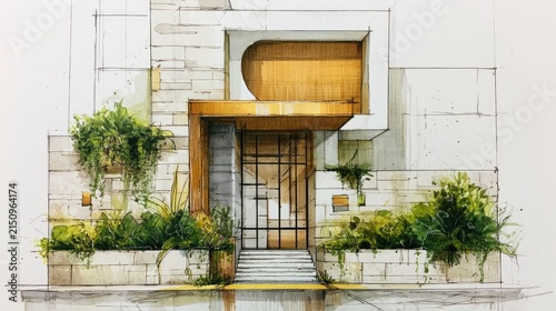 Modern building entrance with architectural features and lush green plants