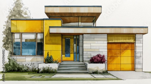 Modern urban house with geometric design, yellow accents, and garage access