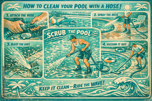 Vintage poster showing various methods of cleaning a swimming pool with the aid of a mop and bucket.