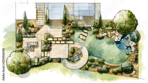 Artistic Landscape Garden Design with Pool, Pathways, and Greenery