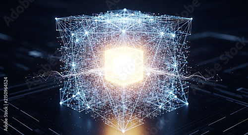 Glowing digital cube structure emitting abstract data connections representing advanced computing