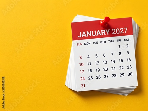 January 2027 Calendar on Bright Yellow Background for New Year Planning