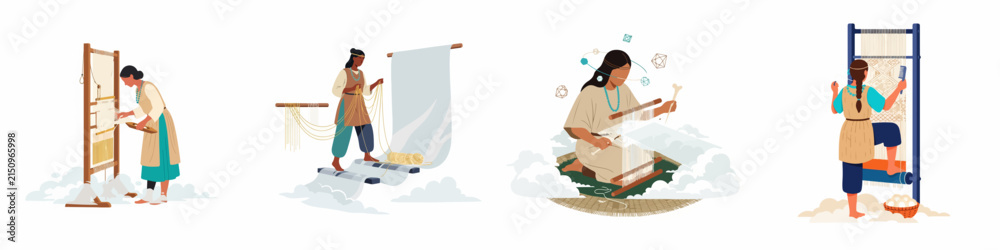 Naklejka premium Set of Illustrations of Women Engaged in Traditional Weaving and Textile Production on Manual Looms, Artisanal Craftswomen Working with Yarn and Fabric in Minimalist Vector Style