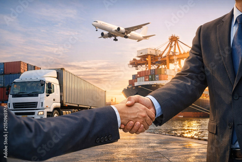 Shaking hands between businessmen over a transport industry background.