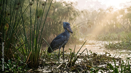 Shoebill stork standing in a misty tropical swamp at sunrise in the wild.