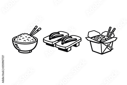 Black and white illustration of various food items.