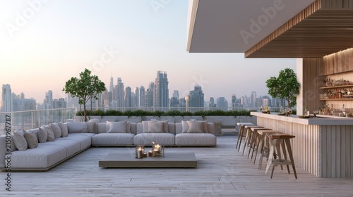 Modern rooftop terrace with city skyline view, outdoor seating, bar counter and wooden accents during sunset