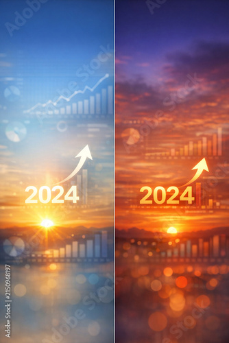 Skyline at sunrise, growth chart overlaid.