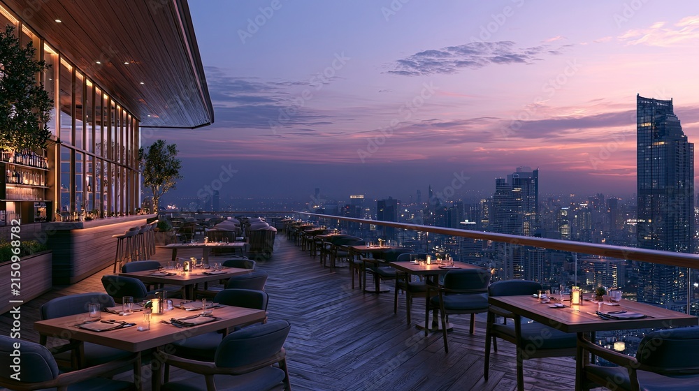 Obraz premium Rooftop Dining Space with City View at Sunset Featuring Elegant Tables and Modern Architecture