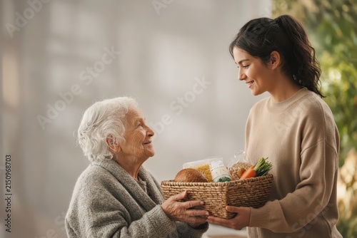 A younger woman hands a woven basket of fresh groceries to an elderly senior woman who smiles with gratitude.