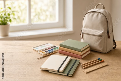 Study supplies arranged on wooden desk near window