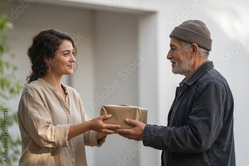 Smiling young woman receives wrapped gift from elderly man wearing beanie outside home.