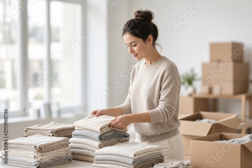 A focused woman in a beige sweater folds white towels at a table near cardboard moving boxes.