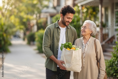 Young man carrying grocery bag with senior woman on residential sidewalk.