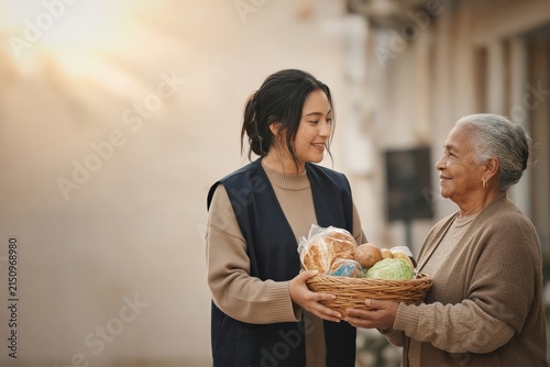A younger woman hands a basket of groceries to an elderly person during a charitable home visit.