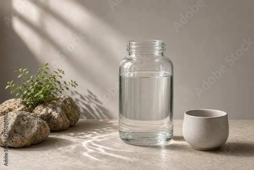 Clear glass bottle filled with water sits on a textured surface next to a ceramic cup and small green plant growing among rocks.