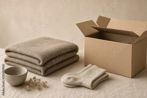 Neatly folded beige textiles rest beside an open cardboard box on a textured cloth surface.