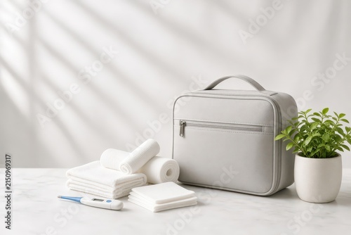 Gray first aid bag sits on white marble beside stacked bandages, cotton swabs, digital thermometer and small potted plant.