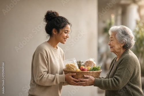 A smiling young woman hands a woven basket of fresh produce and bread to an elderly woman.