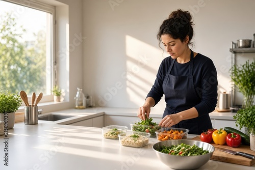 Woman preparing fresh vegetable meal in bright modern kitchen during sunny afternoon