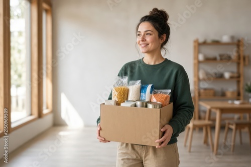Young woman carrying box filled with groceries in bright home interior