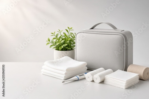 A collection of medical supplies including bandages, a thermometer, and a first aid kit arranged near a potted plant.
