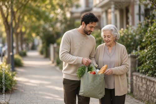 A young man and an elderly woman walk along a sunny sidewalk while the man carries a reusable grocery bag filled with fresh vegetables and bread.