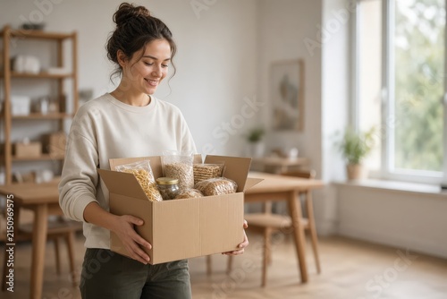 A smiling woman holds a cardboard box filled with various food items while standing in a bright dining room.