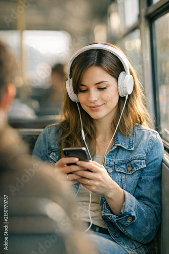 Woman with earbuds and cellphone smiling at camera