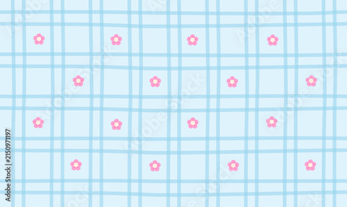 Cute blue plaid pattern with pink flowers background