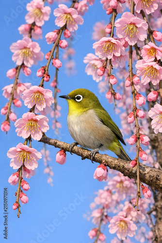 A small bird perched on a tree branch, with pink cherry blossom flowers in the background.