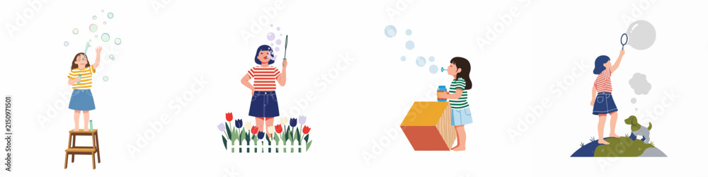 Obraz premium Flat Vector Illustration Set of Cute Little Girls Playing with Soap Bubbles in Different Scenes Including Garden, Outdoors with Dog, and Sitting on a Stool