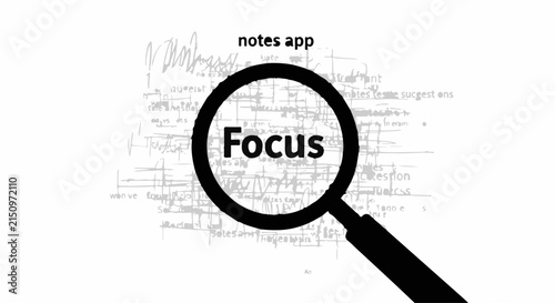 Magnifying glass reveals the word 'Focus' on a handwritten note, symbolizing concentration and attention to detail.